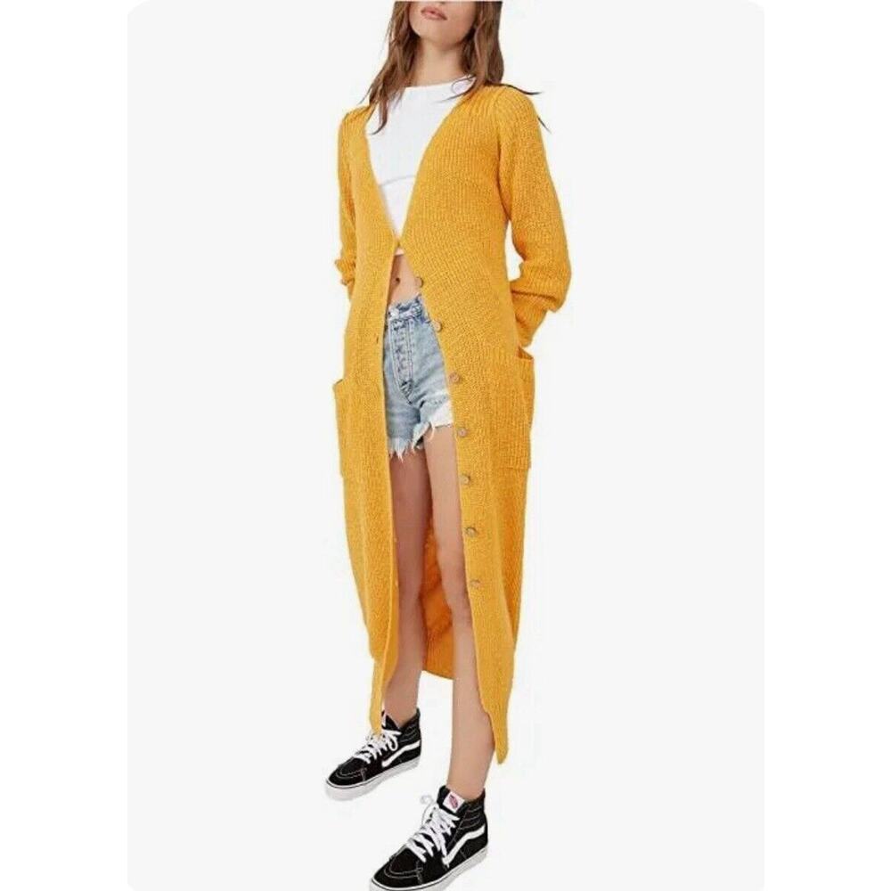 Free People It’s Alright Cotton Longline Cardigan S Gold Boho Retro Hippie